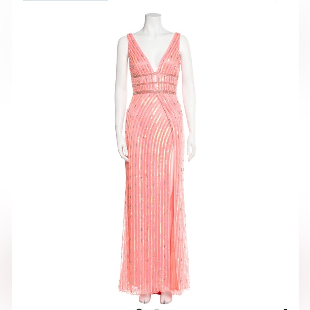 Mac Duggal coral beaded dress.